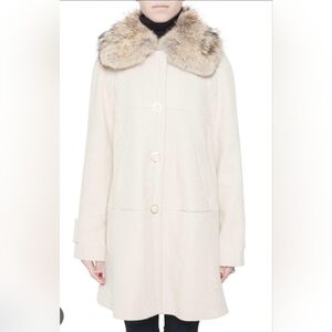 Tory Burch Cream Lurex Insert Fur Collar Detail Ivan Long Coat Size S NWT